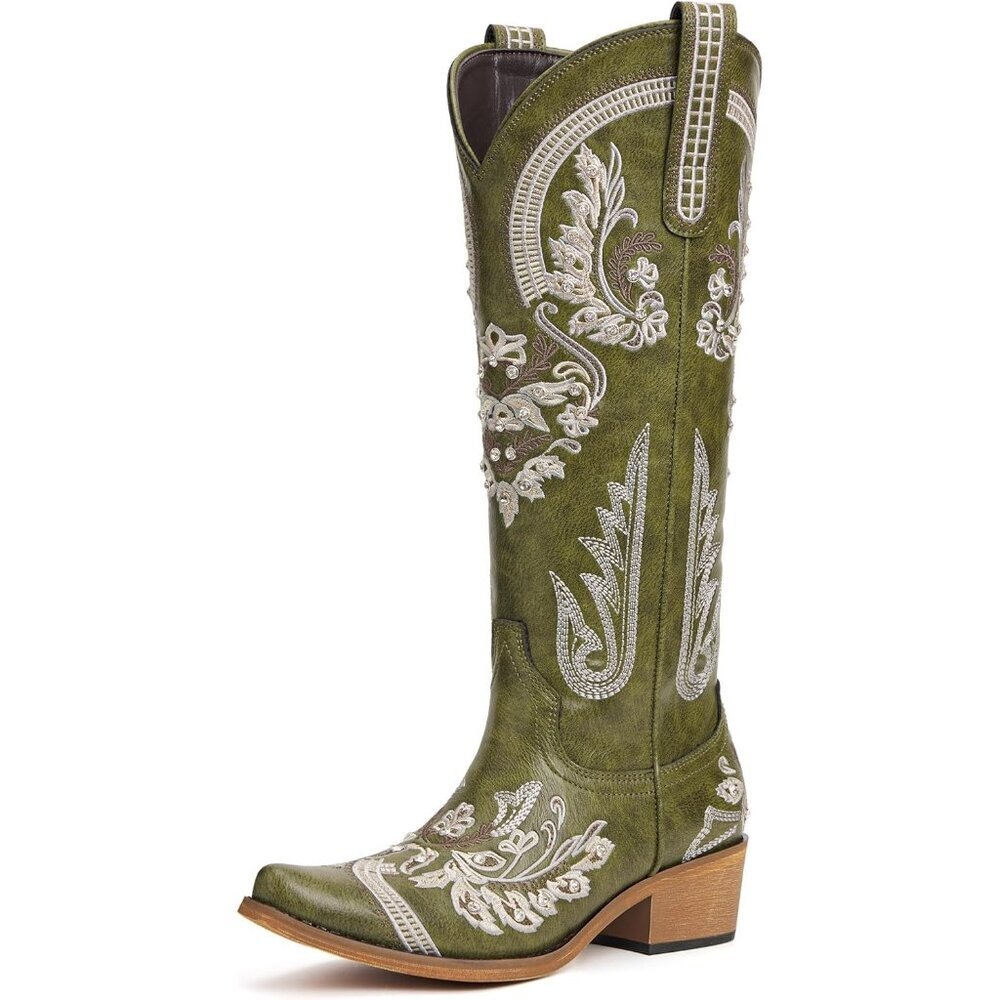 Women Faux Leather Green Rhinestones Embroidered Chunky Heel Knee High Boot